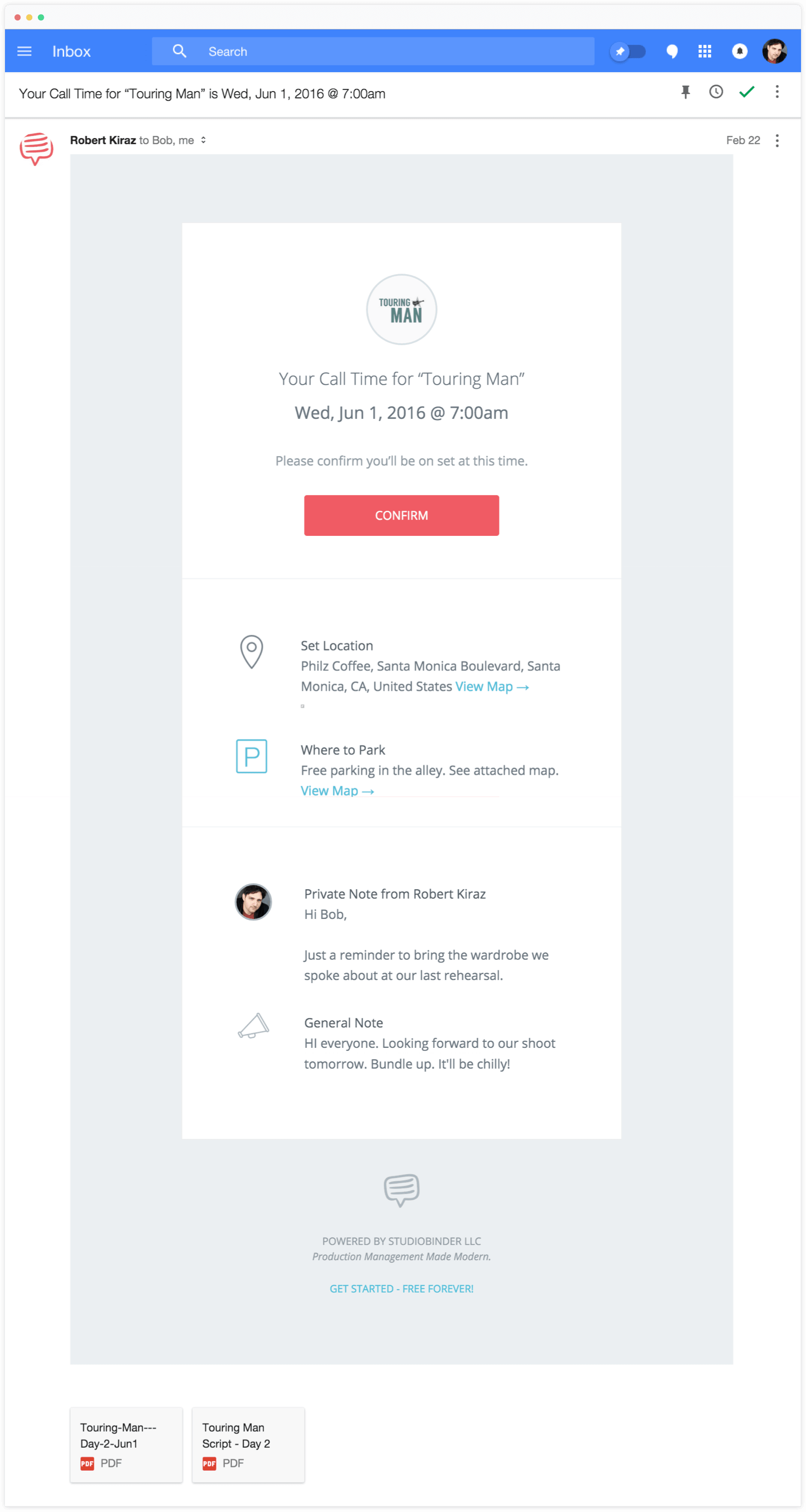 Call Sheet Template in Email Form - StudioBinder